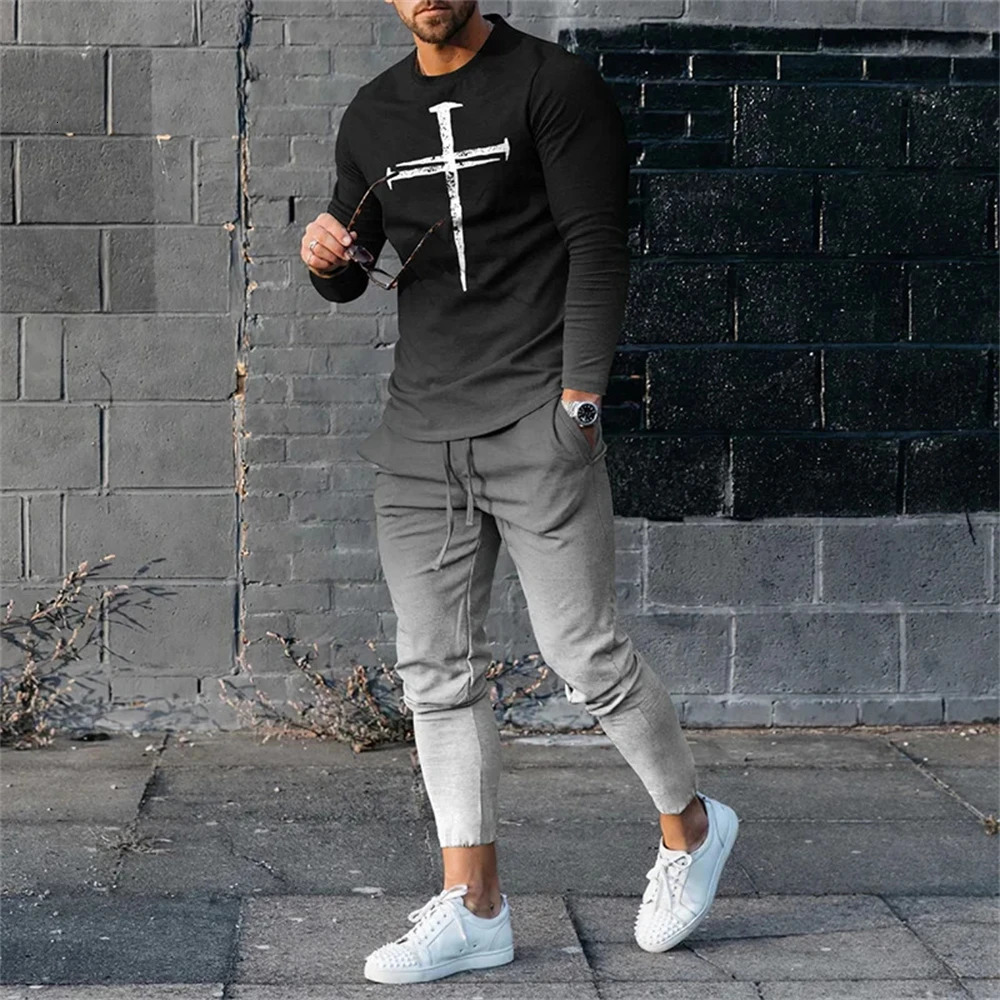 Fashionable mens long sleeved Tshirt set sports pants 3D printed casual clothing oversized track and field 2piece 241008