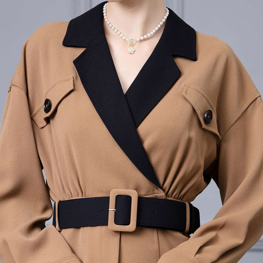 high-end sense contrasting color splicing waist cinching slimming suit collar temperament windbreaker dress 2024 autumn new item