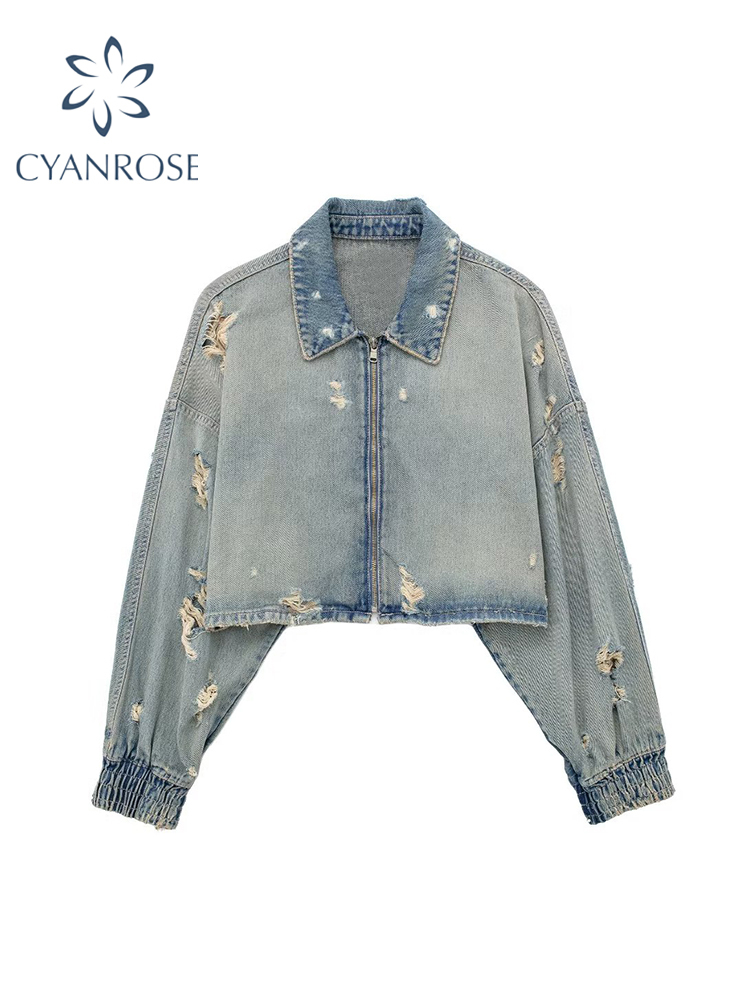Women Blue Ripped Denim Jacket 2000S Long Sleeve Outerwear Loose Zippers Jean Coat Haruku Korean 90S Vintage Top 2024 Clothes