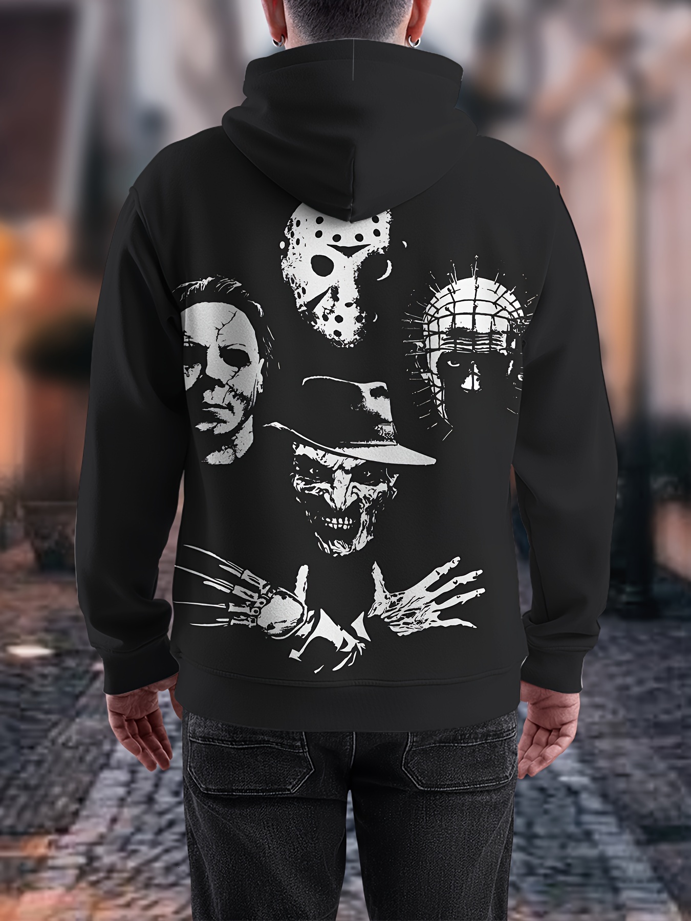 Men's 3D Hoodie with Horror Movie Masks Print, Casual Polyester Hooded Sweatshirt, Unisex Adult Fall/Winter Collection, Knit Fabric, Regular Fit,