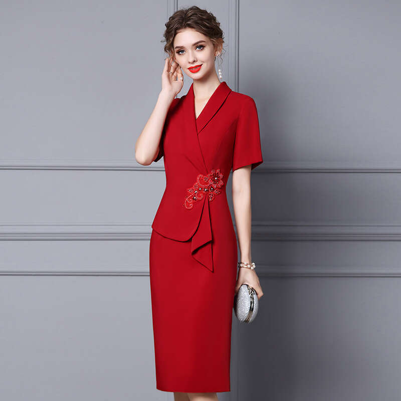 suit collar dress summer 2024 new high-end style embroidered bead wine red wrap skirt for children