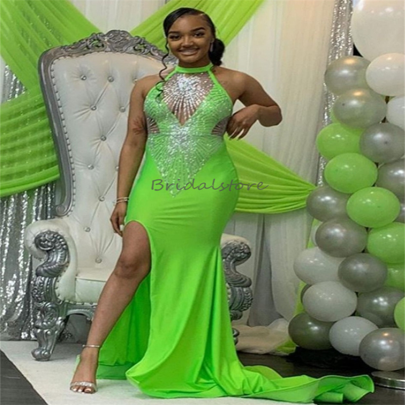 Bright Green Black Girls Prom Dresses With Slit Halter Sexy Backless Mermaid Evening Dress Sequin African Dance Formal Party Gown Robe De Soiree Birth