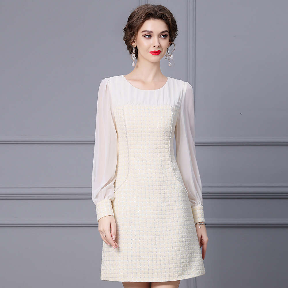 long sleeved nail bead patchwork apricot gentle ladylike style dress autumn wealthy heiress 2024 new item for women