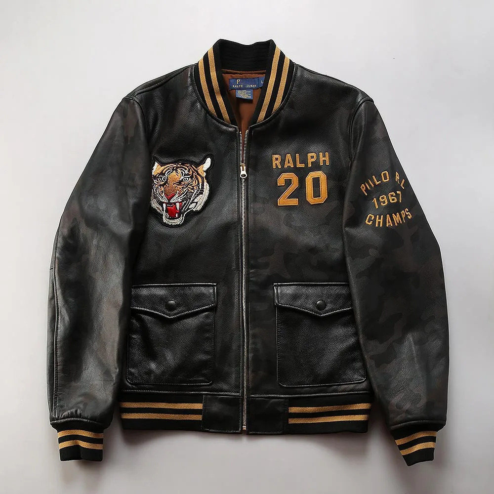 Mens highquality stand up leather jacket with baseball tiger embroidery fashionable and casual one layer cowhide 241011