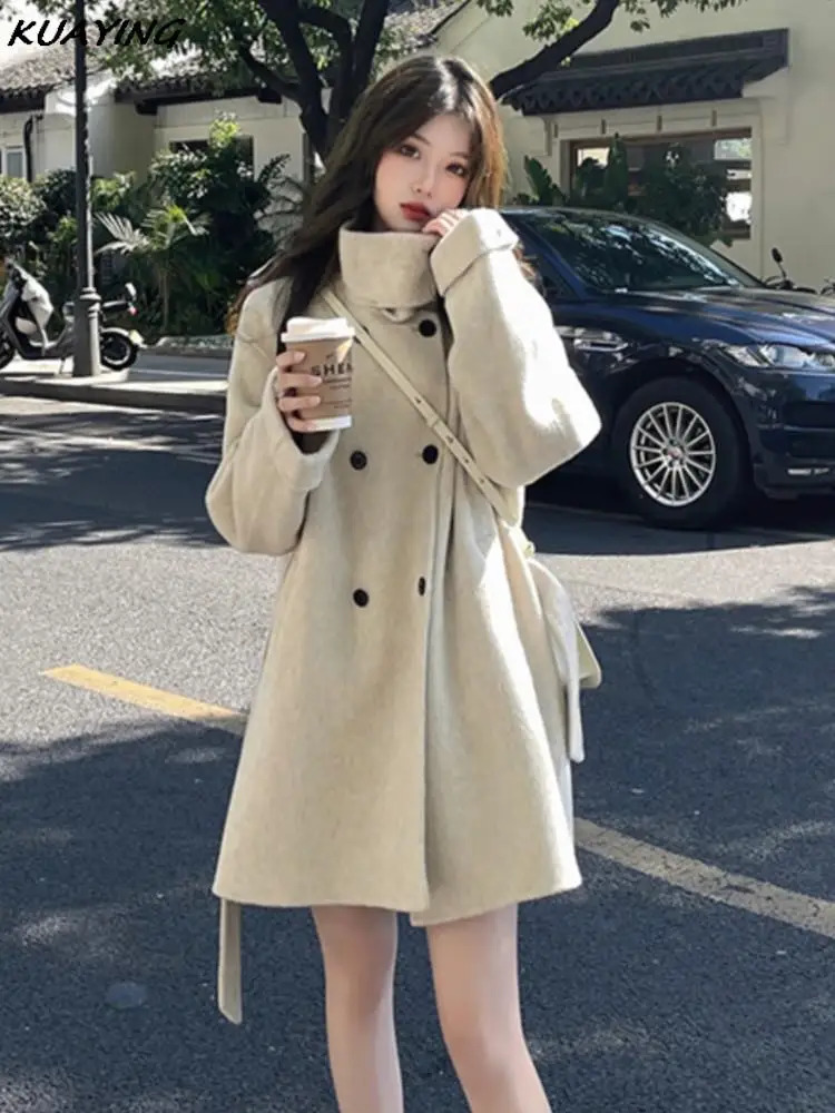 Autumn Winter Double Breasted Woolen Coat Female Casual Stand Collar Warm Outerwear Wearcoats Loose Commuting Wool Jacket 240930