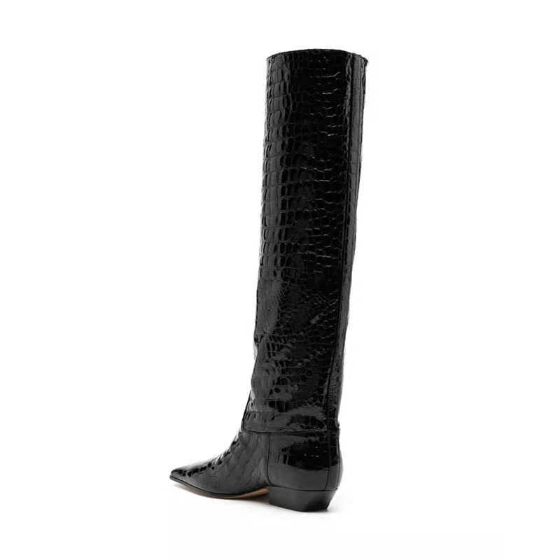 Leather Crocodile Patterned Fashion Boots Square Headed Long Tube Martin Boots For Women With Thick Heels Slim Tall Knight Boots 240826