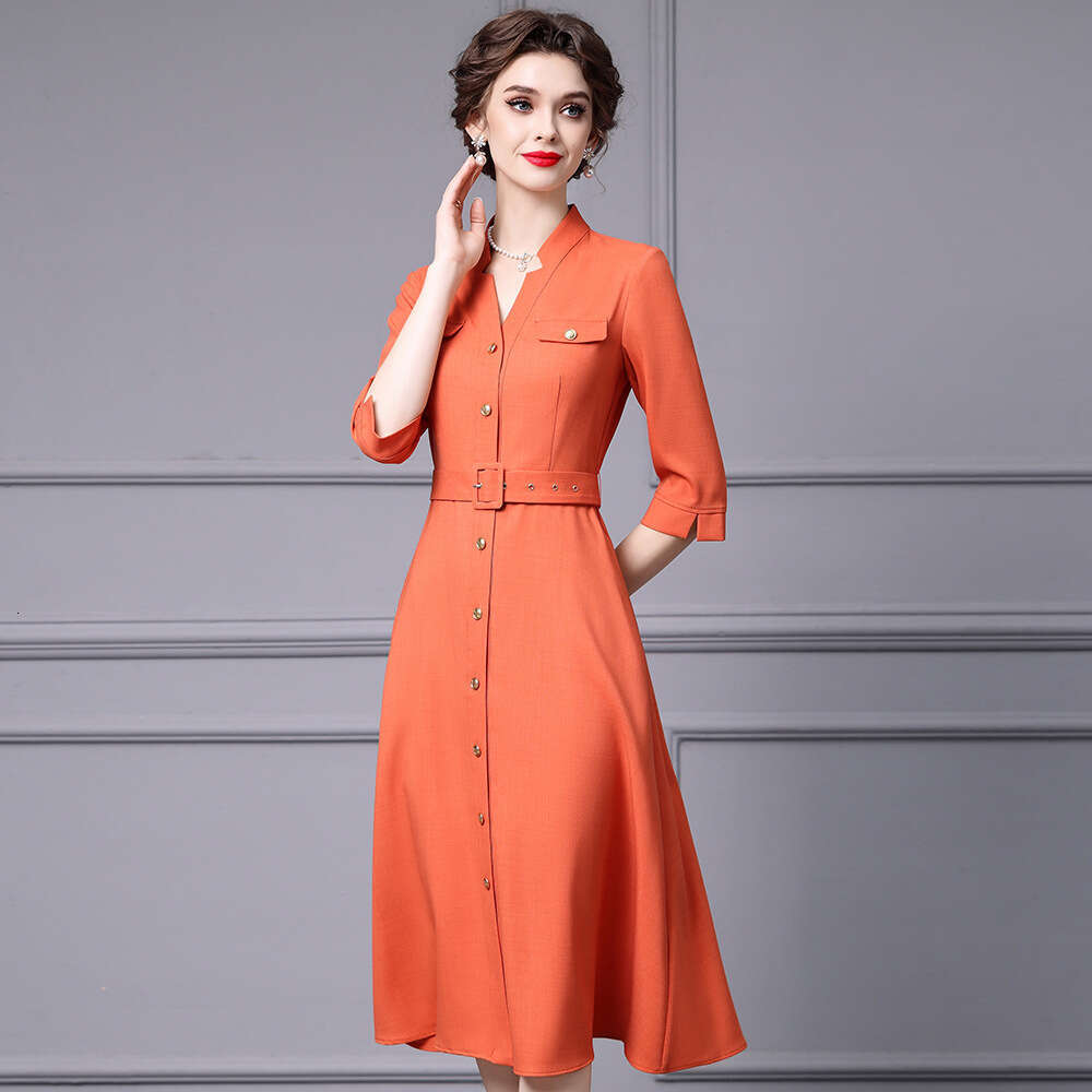 Smart and mature temperament slim waist V-neck single breasted pear shaped figure big swing dress autumn 2024 new product