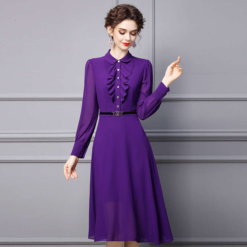 Smart elegant dress for women 2024 new autumn purple ruffle edge mid long style covering the belly and slimming shirt skirt