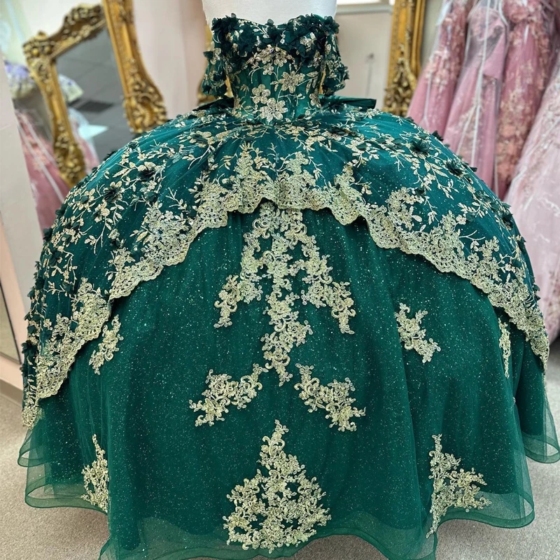 Emerald Green Princess Quinceanera Dresses Off the Shoulder 3D Flower Sequin Applique Lace Tull Corset Party Birthday Sweet 16 Dress Vestidos De 15 An
