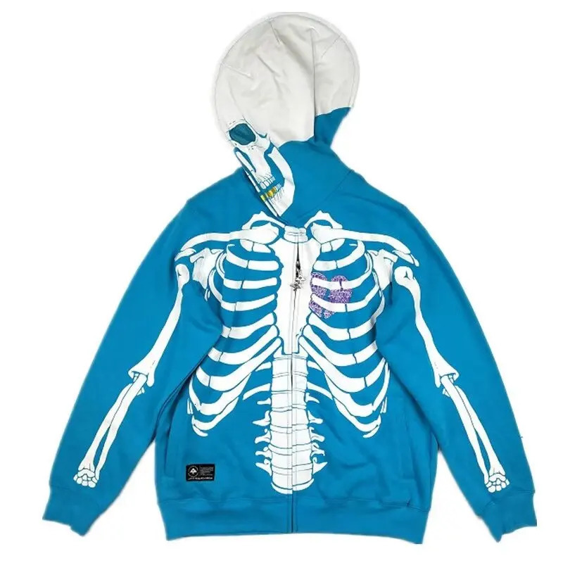 Y2k Fashion Zipper Hoodie Halloween Skeleton Theme Zipper Hoodie Oversized Sportswear Punk Harajuku Sportswear Oversized Top 241011