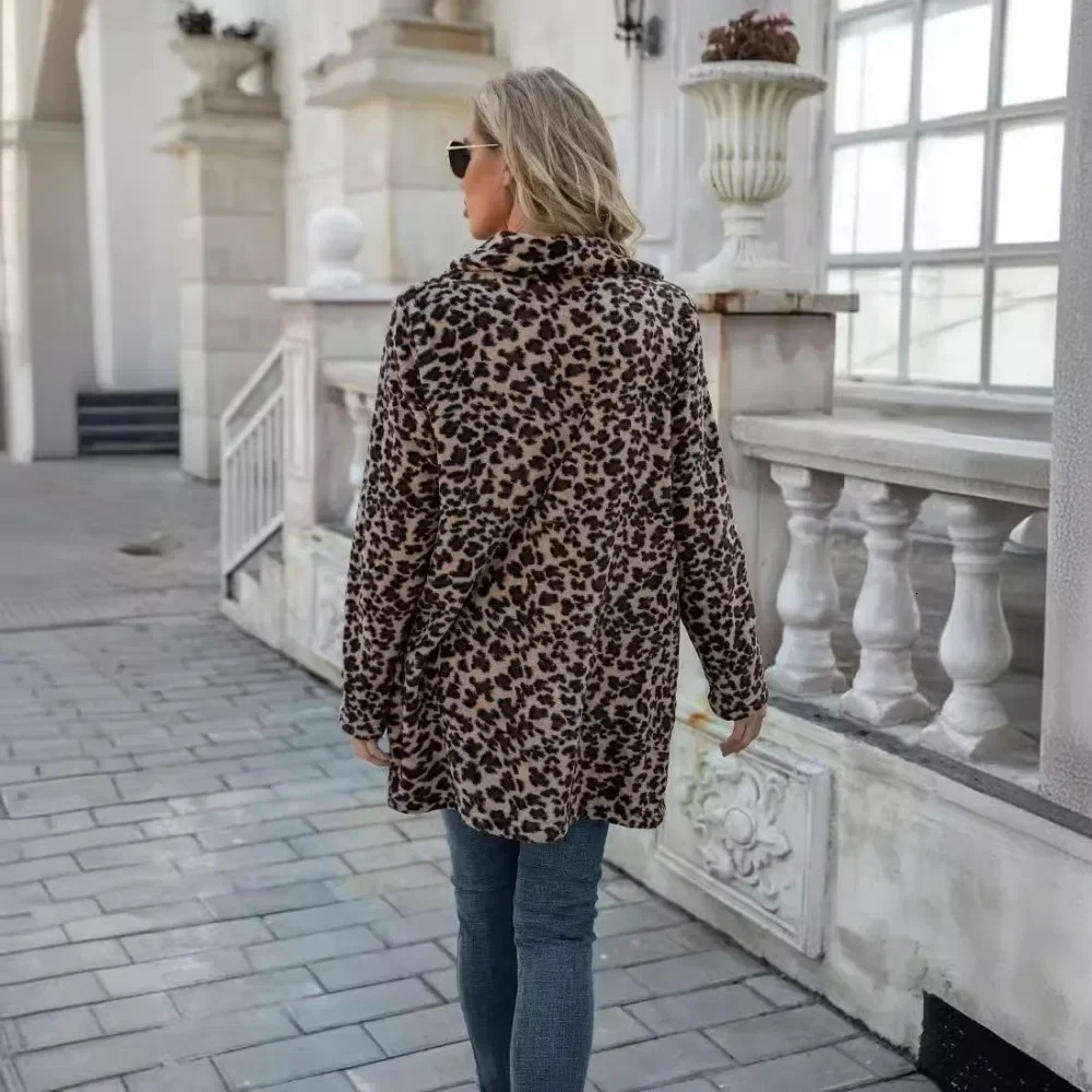 Leopard Print wool coat medium length jacket comfortable streetwear womens fashionable casual long sleeved autumn and winter 241007