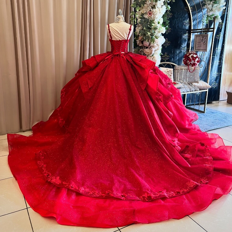 Red Shiny Princess Quinceanera Dresses Lace Appliques Beads Tull Ball Gown Birthday Party Gowns Lace-Up Sweet 16 Dress Vestidos De 15 Anos