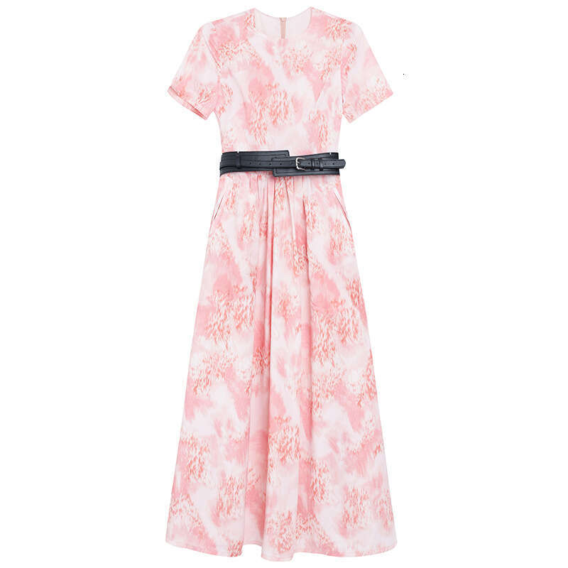Commuter Slimming Dress 2024 New Womens Summer Mid length Printed Pink Wide Belt A-line Skirt