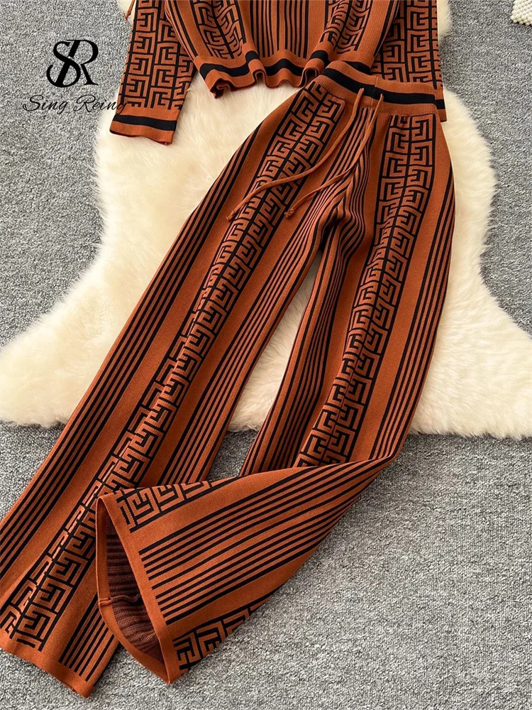 SINGREENY Winter Fashion Knitted Two Piece Womens Hoodie Thick Warm ZipperWide Leg Pants Geometric Printed Sweater Set 241010