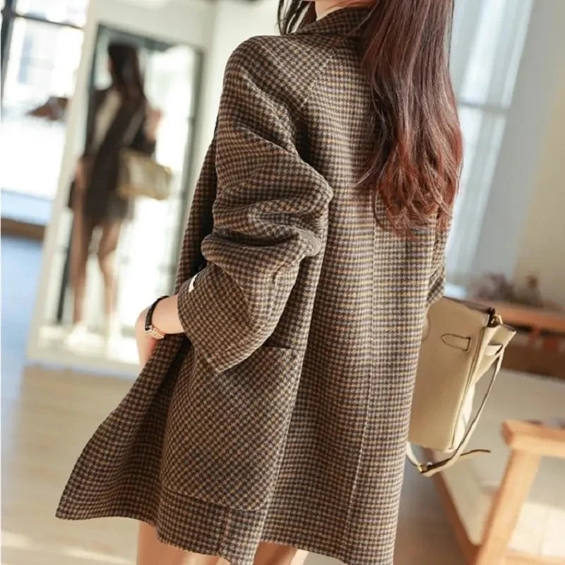 Office Warm Woolen Plaid Suits Coat Fall Winter Mid Length Women Loose Parkas Jackets Oversize Vintage Thick Wool Blend Casaco 241008