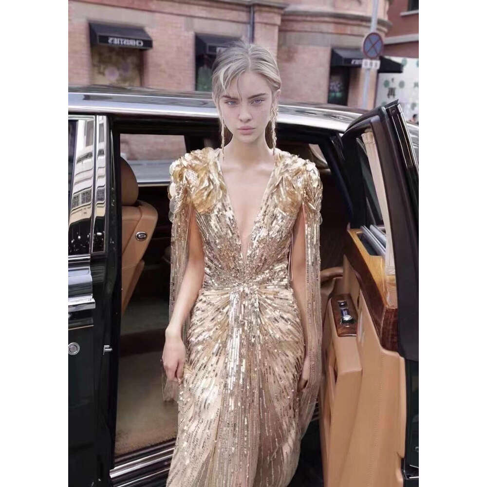 Dignified Elegant Gold Beaded Prom Dress Duchess of Cambridge Replica Evening Reception Bridal Gown