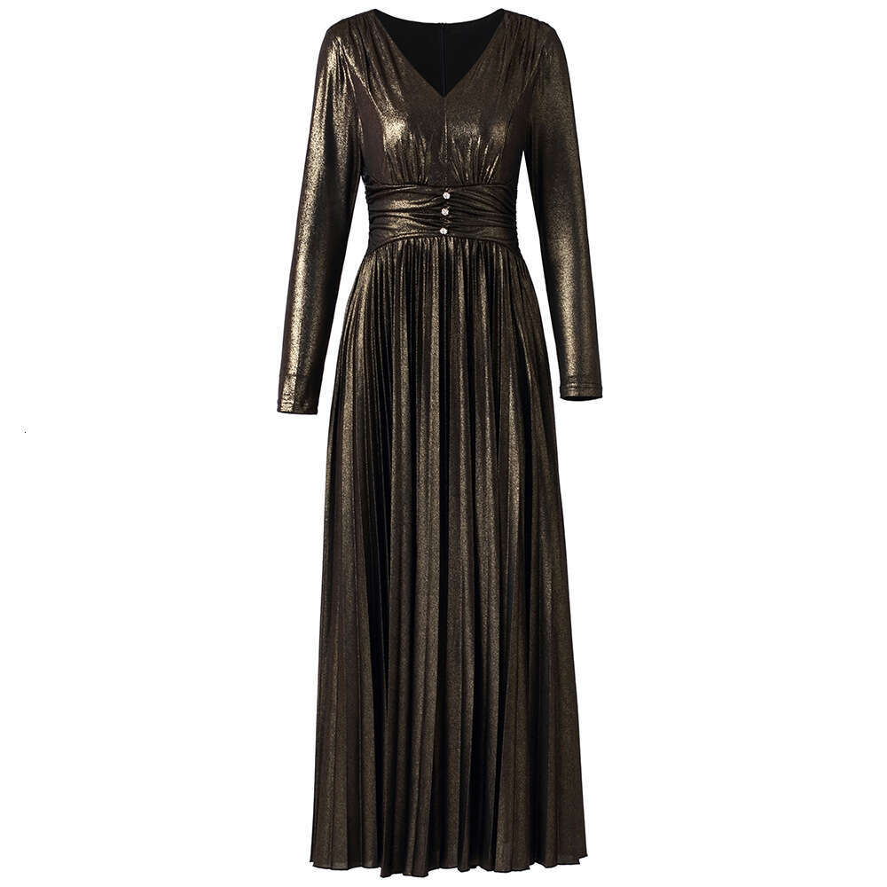 Smart high-end V-neck shiny pleated long 2024 new high waist slimming expensive lady dress spring and autumn styles