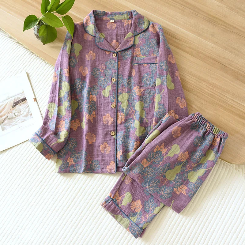 Japan SpringSummer Womens Pajama Set 100% Cotton Retro Long Sleeve Pants Two Piece Home Furniture 241011