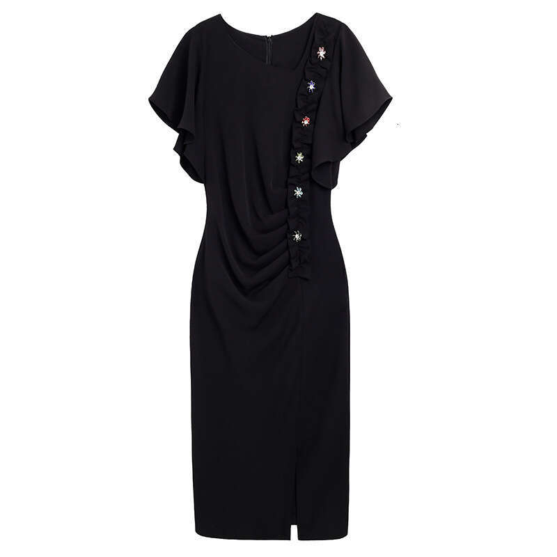 French niche for women 2024 new color nail drill pleated waist slimming yellow dress