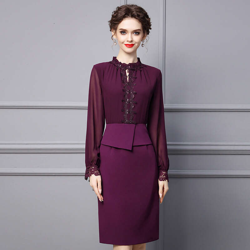 formal occasion dress 2024 autumn new item black fungus edge stand collar purple long sleeved slim fit hip hugging skirt