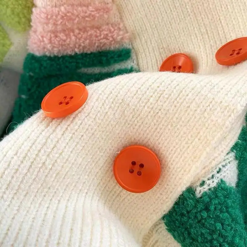 Rainbow Striped Knit Sweater Cardigan Women Doublebreasted Vneck Jacket Coat Autumn Winter Long Sleeve Loose Casual 241007