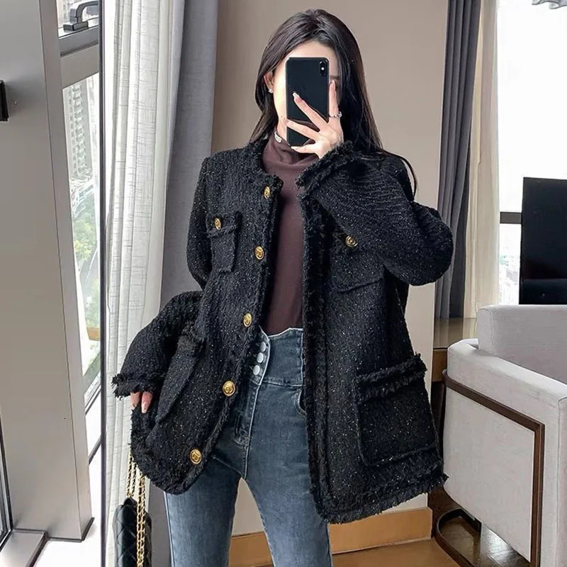 Lucyever Temperament Tweed Black Jacket Women Elegant Thicken Single Breasted Outerwear Ladies Korean with Pocket Office Coat 241011