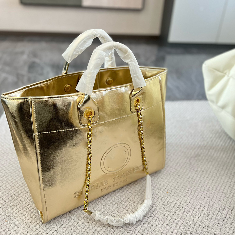 Womens Designer Genuine Leather Beach Shopping Bags Letter Luxury Pocket With Deauville Chain Top Handle Totes Gold Metal Hardware Crossbody Handbag 38CM