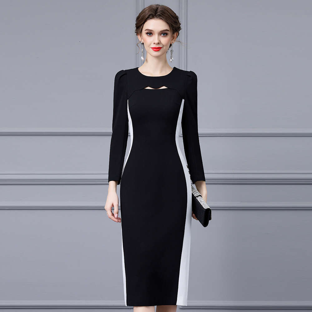 Black and White Contrast Splicing Tight Bag Hip Skirt High end Exquisite Figure Showing Acetate Dress 2024 Autumn New Collection