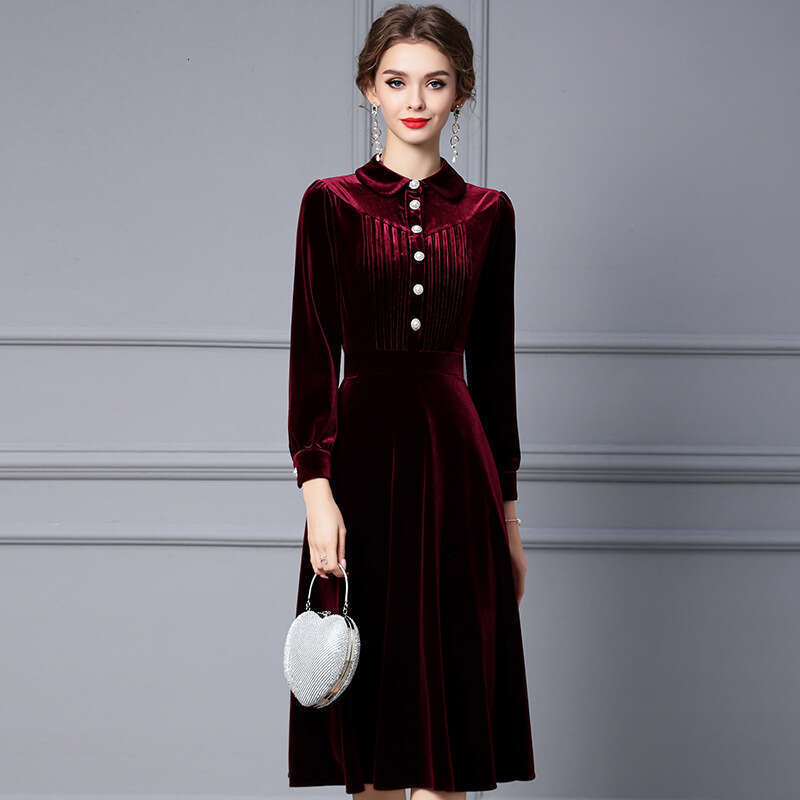 Autumn Dress 2024 New Item Doll Neck Gold Velvet Aging Medium to Long Type A with Coat Skirt
