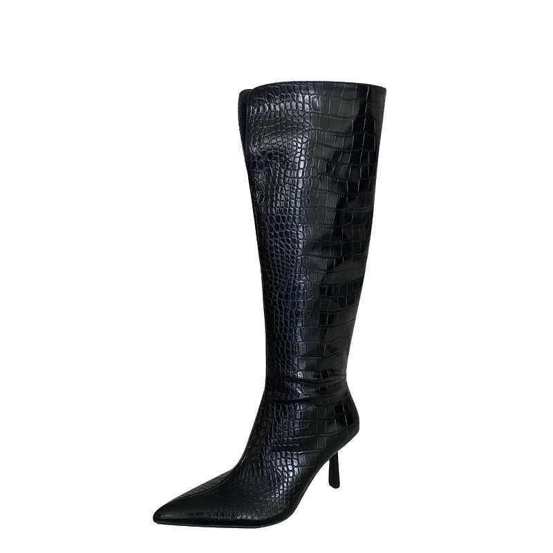 V-neck Thick Fashion Boots Pointed High Heel Tube Knee Martin Boots For Women High-heeled Long Tube Fashion Boots Crocodile Patterned Boots 240826