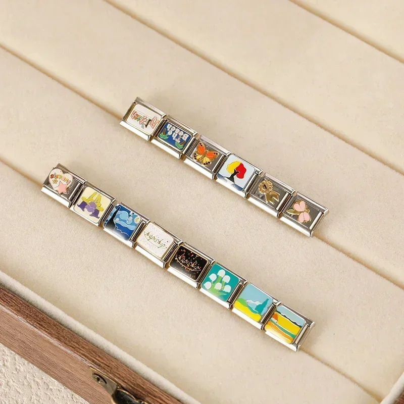 Hapiship 2024 Fashions Colors Glaze Flower Nana Aircraft Charm Links Fit 9mm Bracelet Stainless Steel Making DIY Jewelry DJ813 241010