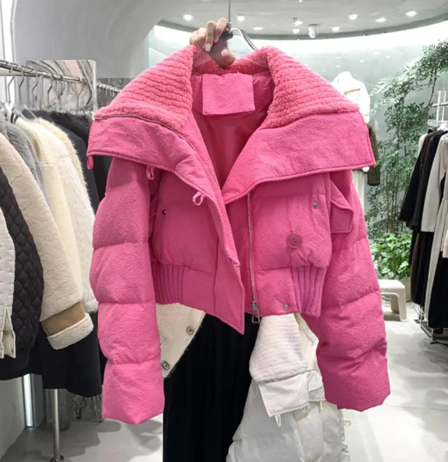 2024 Autumn Winter Korean Knit Collar Zipper Coat Women Thick Street Puffer Jacket Loose Parka Warm Cottonpadded Short Outwear 240930