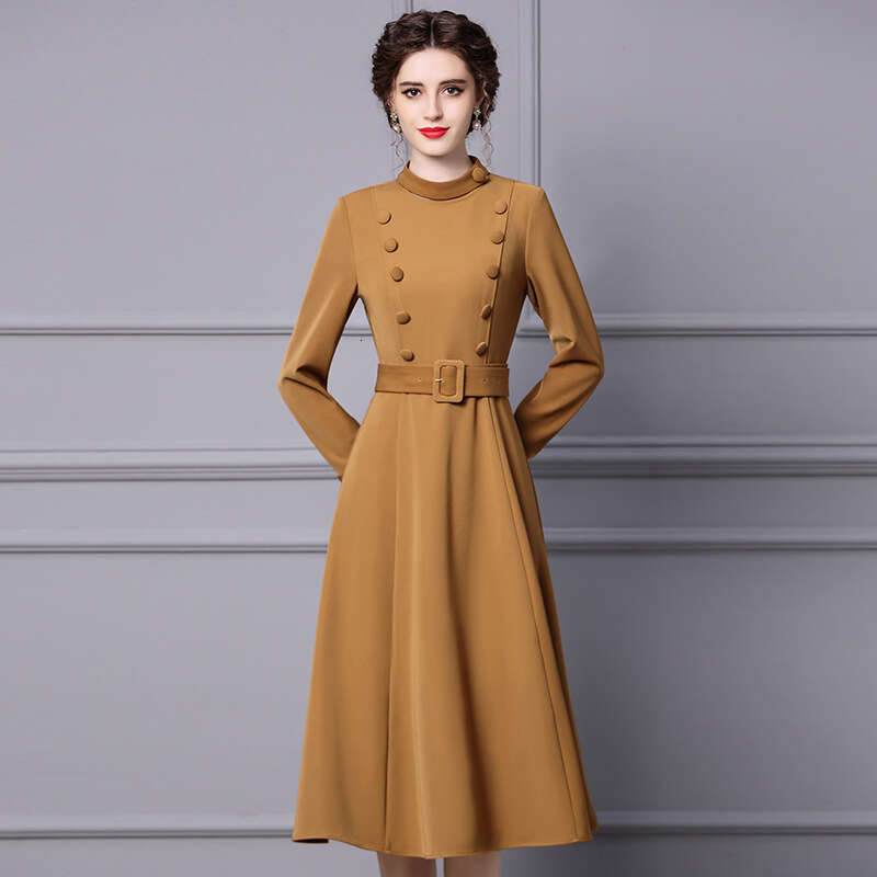 long sleeved for women 2024 autumn new commuter style pear shaped figure slimming mid length A-line dress