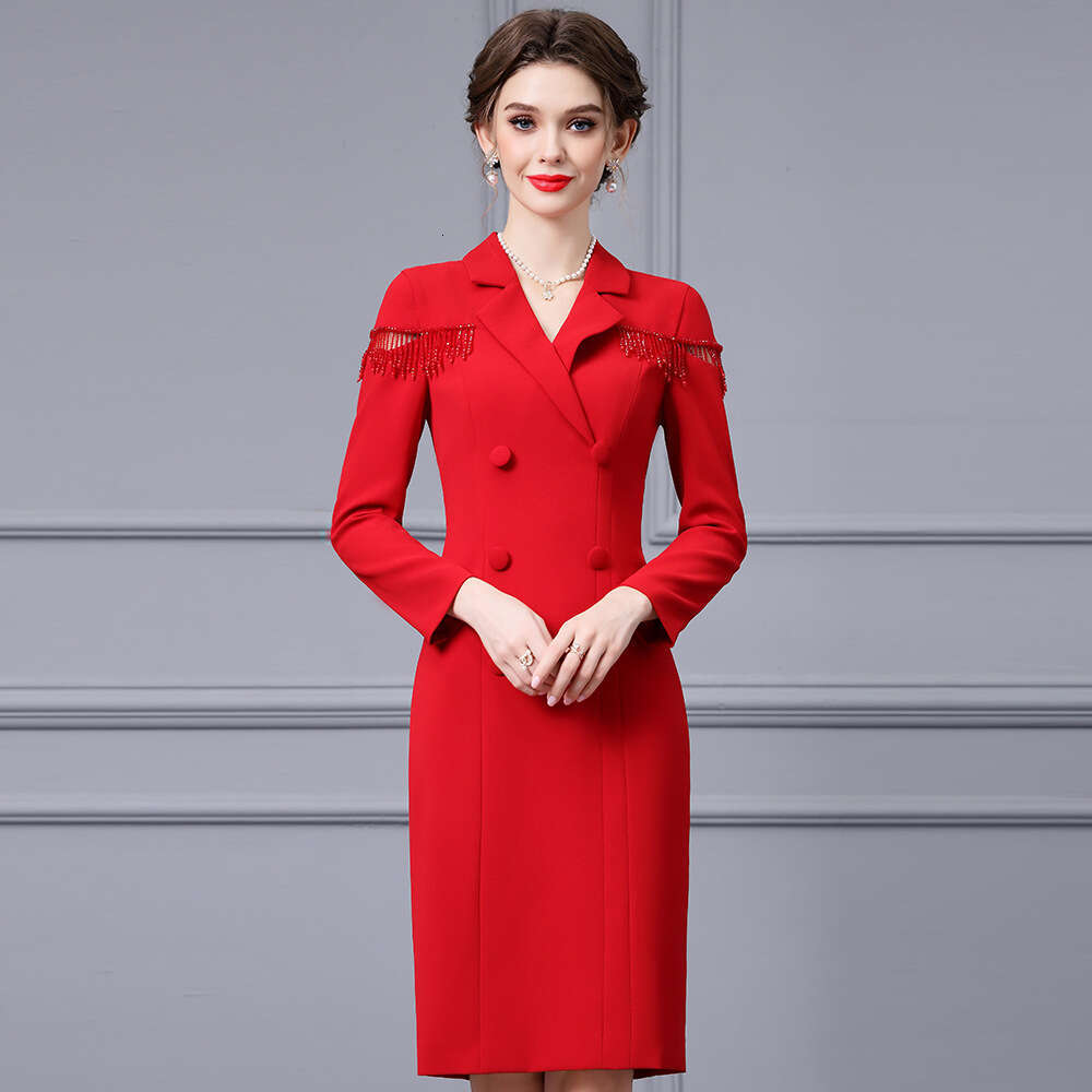 high-end suit collar nail bead tassel wrapped hip skirt 2024 spring new item light luxury temperament texture long sleeved dress