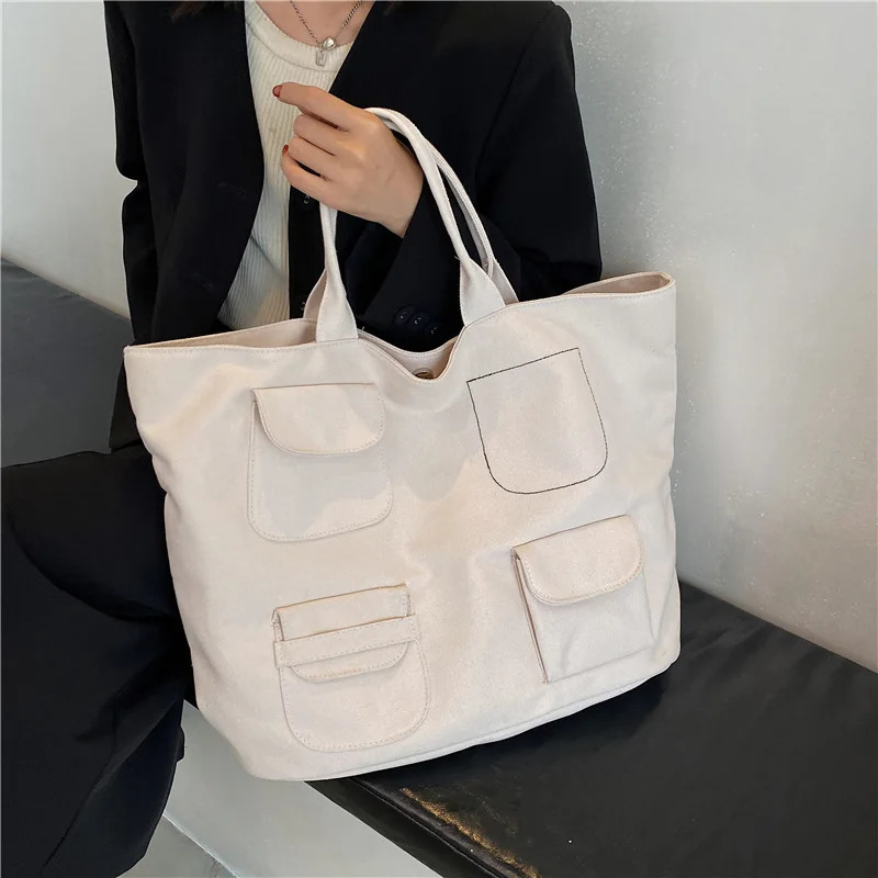 Korean womens canvas handbag INS pocket yellow shoulder shopping bag soft cotton womens handbag 241008