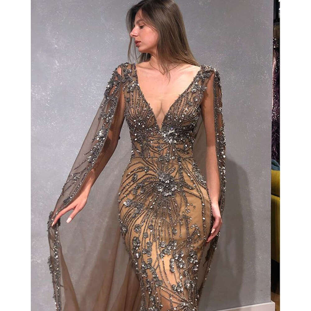 Dubai Crystal Rhies Mermaid Evening Dresses 2026 With Cape Beaded Champagne Long Prom Gowns Modest Party Dress