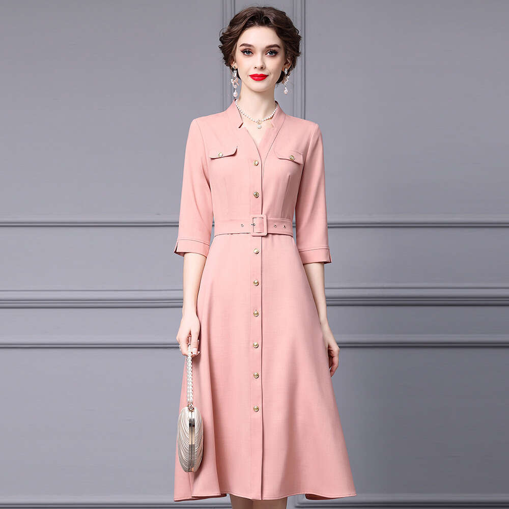 French style V-neck shirt dress with cinched waist and seven quarter sleeves single breasted large swing dress autumn 2024