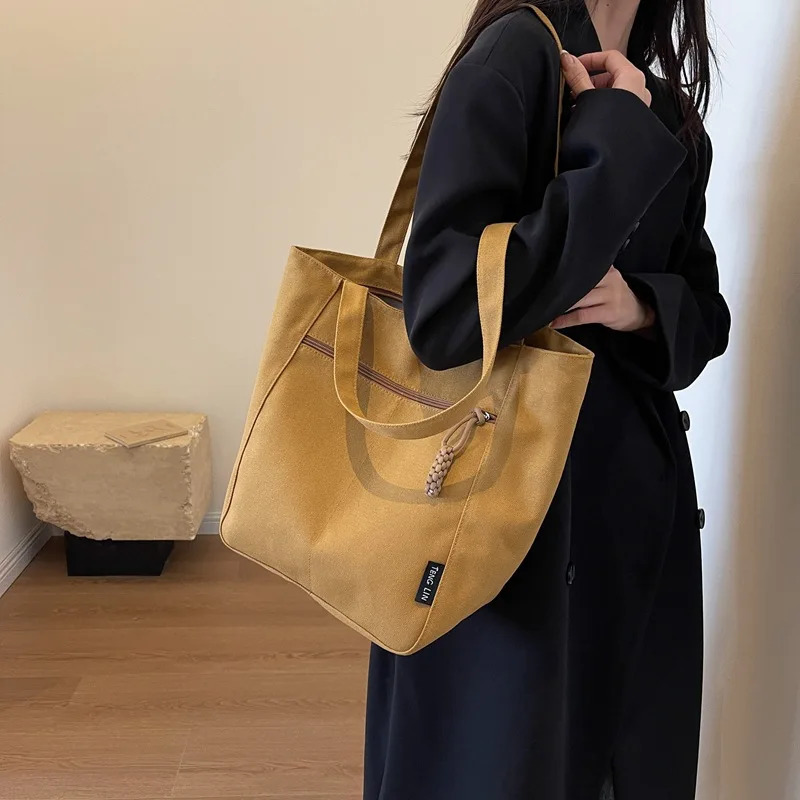 Solid Color Retro Canvas Shopping Bag Casual Simple Korean Fashion Texture Handbag Student Portable Bolsas 241008