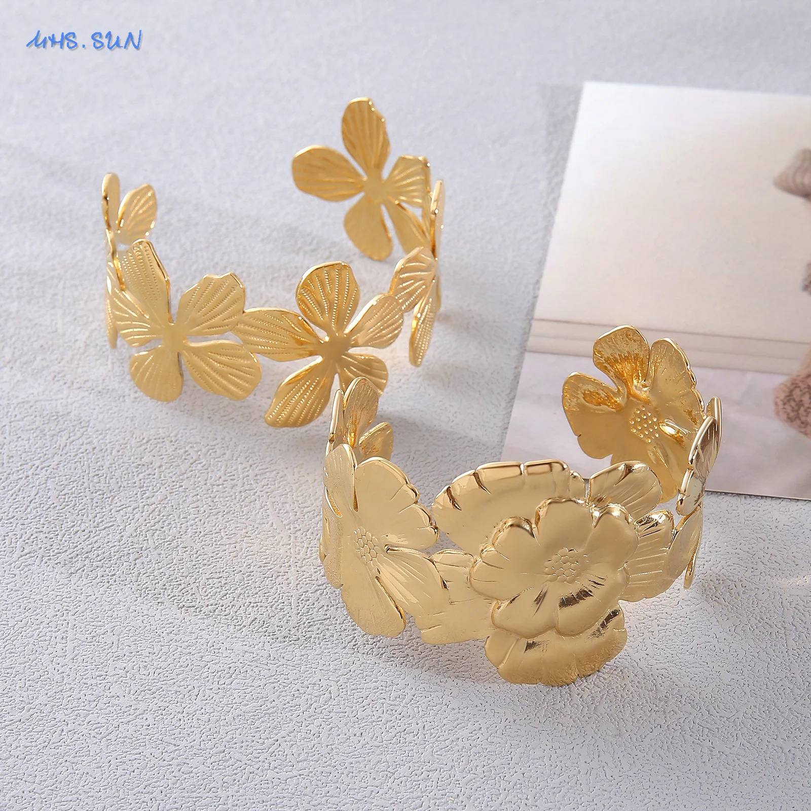 MHS. SUN elegant metal large flower wide opening bracelet suitable for women stainless steel gold-plated exquisite jewelry accessories 241007