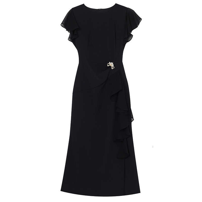 Wine Red 2024 Summer New Mid length Waist Slimming Ruffle Edge Banquet Dress for Women