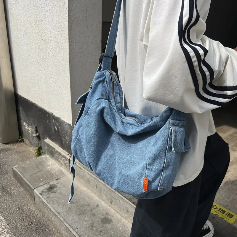 Womens Demin Shoulder Messenger Bag Large Canvas Cross Body Bag Womens Fashion Korean Female Student School Bag Handbag 241008