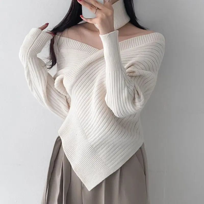 Knitted Sweater Irregular V-Neck Off Shoulder Autumn Solid Criss-Cross Women Long Sleeve Sexy Elegant Party Pullover Tops Female 241010