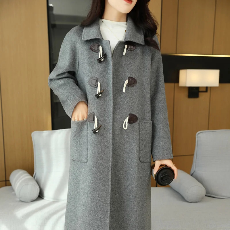 Cow Horn Button Wool Coat Womens Autumn And Winter Loose Fashion Version DoubleSided Woolen Medium Long Lapel 240930