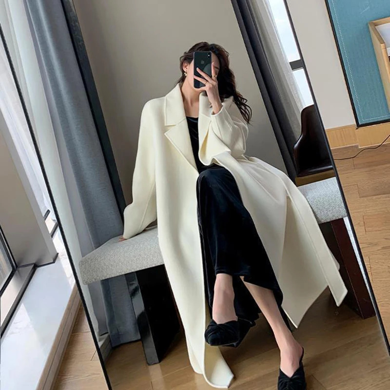 Elegant Midi Wool Blends Coat Women Korean Thicken Long Bandage Jackets Oversized Lace Up Outwear White Cardigan Woolen Overcoat 241008