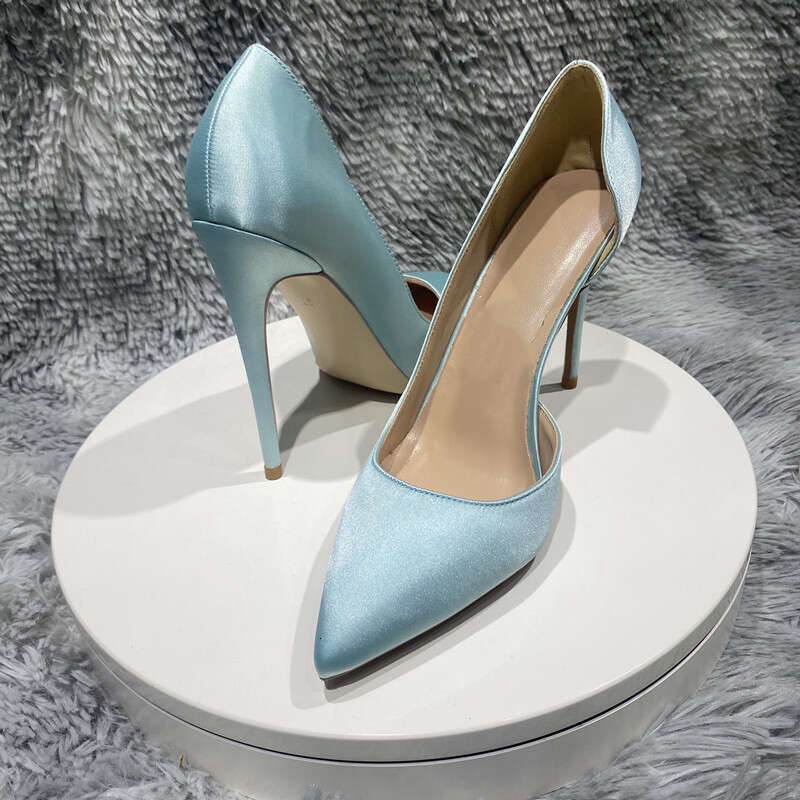 Women's Satin Silk 12Cm Narrow Pointed Sexy High-Heeled Shoes, Light Green, Blue, Wedding Dress,