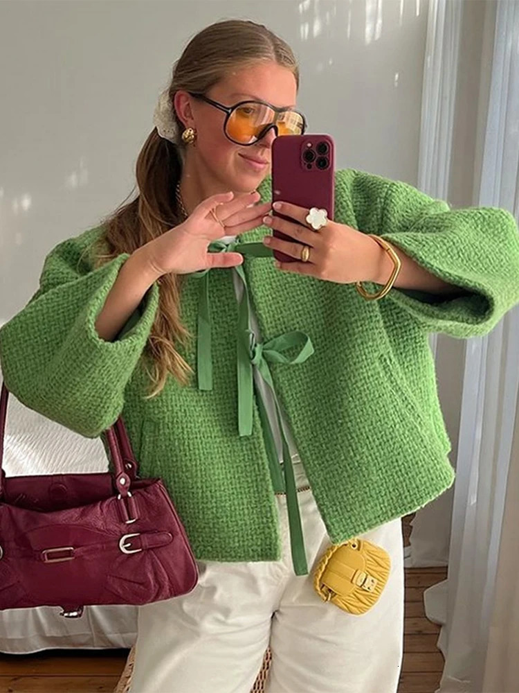 Bow Tweed Jacket Coat Green Lace Up Cardigan Womens Spring Autumn Short Overcoat Loose Casual Round Neck Top Slimming Outwear 241011