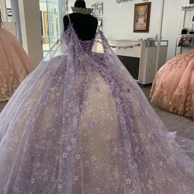 Lavender Champagne Shiny Quinceanera Dresses 3D Flowers Floral Appliques Lace With Cape Vestidos 15 De XV Anos Sweet 16 Dress