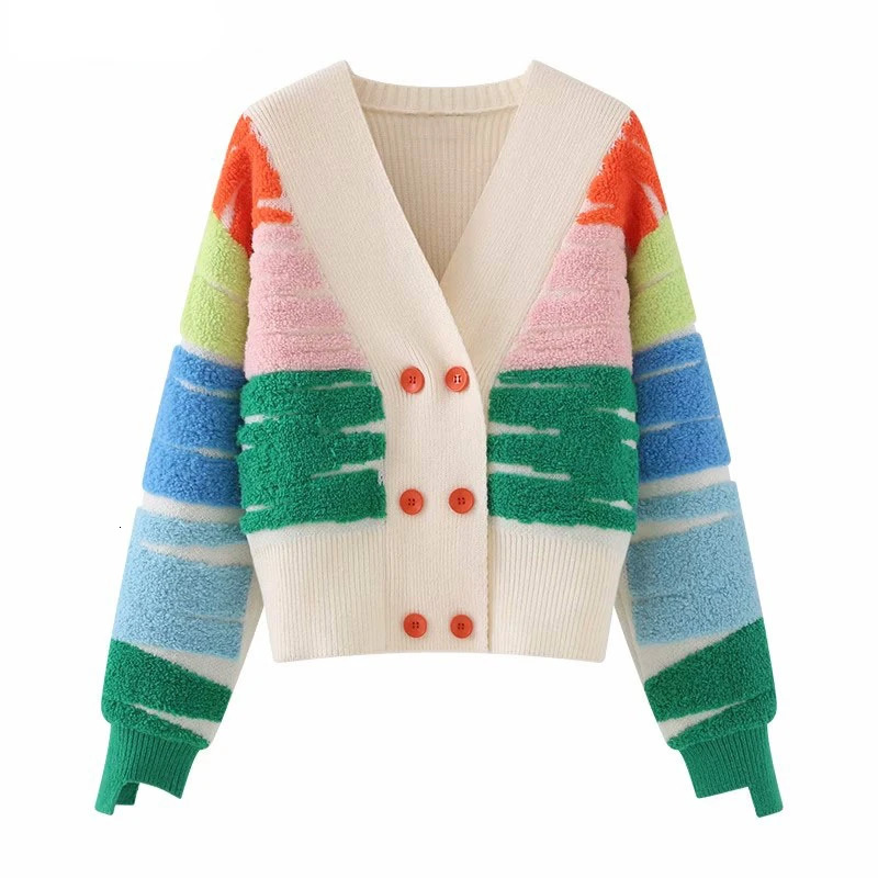 Rainbow Striped Knit Sweater Cardigan Women Doublebreasted Vneck Jacket Coat Autumn Winter Long Sleeve Loose Casual 241007