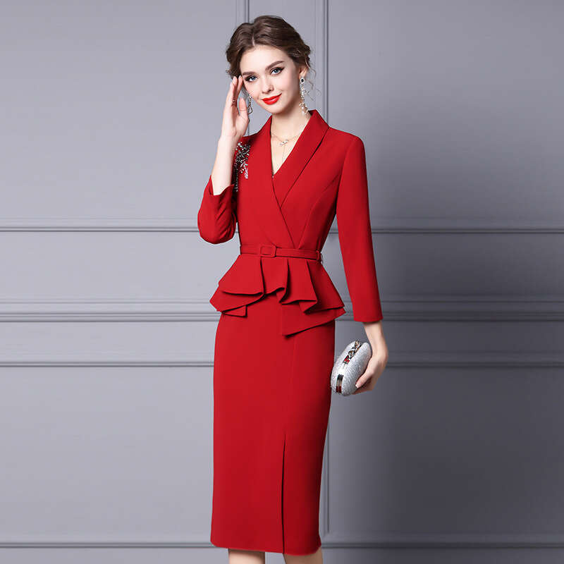 2024 new high-end atmospheric red ruffle edge nail diamond formal occasion dress