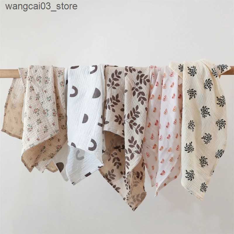 Blankets Swaddling Cotton Swaddle Blanket Baby Blanket Solid Color Floral Print Muslin Diaper Swaddle New Born Crinkle Fabric Born Stroller Cover L240